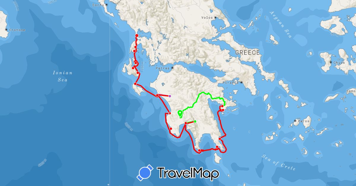 TravelMap itinerary: driving, train, bateau, voiture in Greece (Europe)